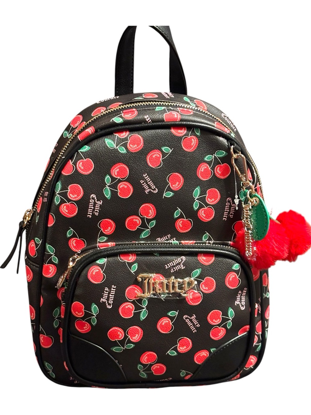 NWT•Juicy Couture Black Cherry Print Med Backpack with Pom Pom Charm